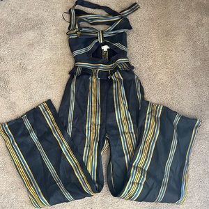 Striped Navy and Yellow Halter Pantsuit